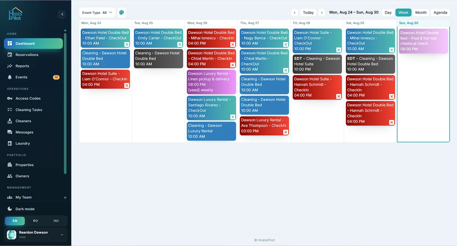 Week view of check-ins, check-outs, cleaning jobs and laundry pickups